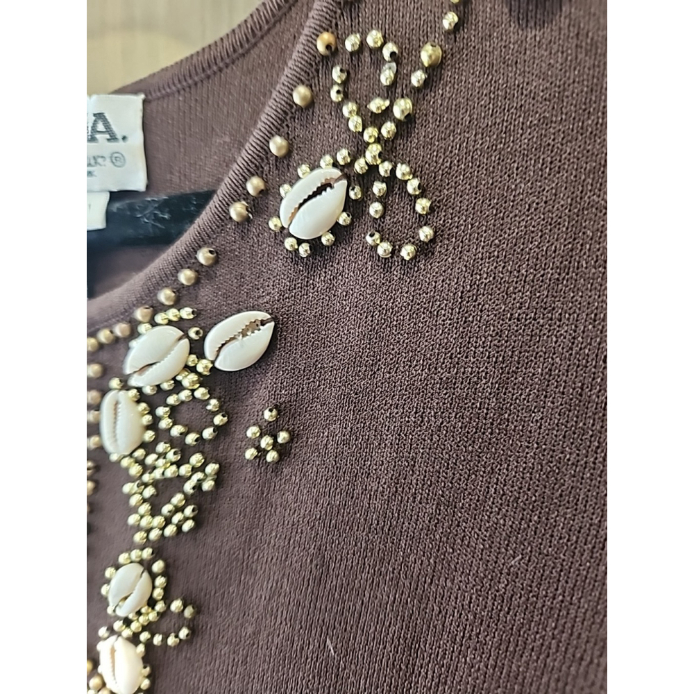 Joseph A. Sweater with Beads And Cowrie Shells on Front Neckline Size Medium - Picture 3 of 6